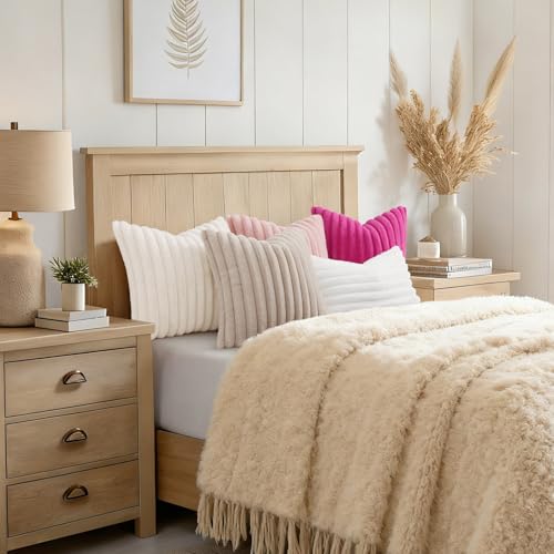 decorUhome Fall Cozy Faux Fur Throw Pillow Covers 18x18 Set of 2 Decorative Soft Plush Striped Modern Farmhouse Boho Couch Pillow Cases with Velvet Back for Sofa Bed Living Room, Cream White