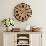 EMAX HOME Inch Modern Farmhouse Wall Clock, Warm Wood-Tone Dial with Black Metal Outer Ring, Silent Non-Ticking Quartz Mechanism, Raised Roman Numerals for Bedroom, Nursery, or Living Room Wall Art