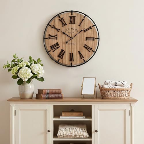 EMAX HOME Inch Modern Farmhouse Wall Clock, Warm Wood-Tone Dial with Black Metal Outer Ring, Silent Non-Ticking Quartz Mechanism, Raised Roman Numerals for Bedroom, Nursery, or Living Room Wall Art