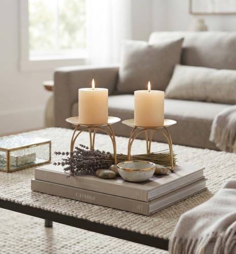 Hosley® Iron Pillar Candle Holders 4 Inch Diameter Tripod Stand Table Centrepiece Perfect for Home Decor, Wedding, Parties, Living Room Pack of 2, Gold