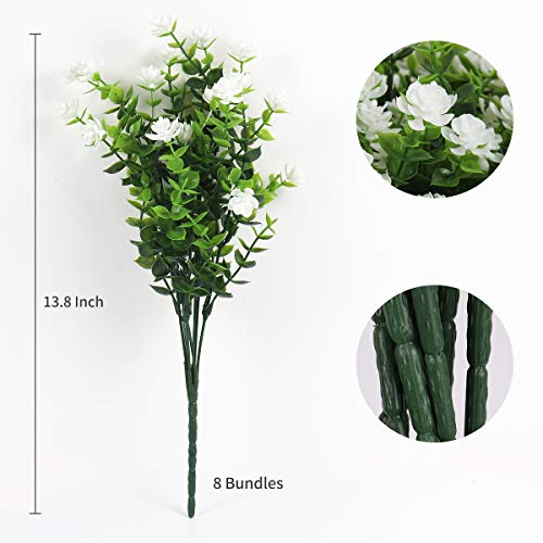 RECUTMS Artificial Flowers, Fake Boxwood Outdoor UV Resistant Plants Artificial Springs Flowers Eucalyptus Greenery Shrubs Bridal Wedding Bouquet for Home Garden Party Wedding Decoration,8Pcs(White)