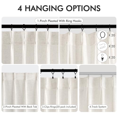 MIULEE 96 Inches Long Pinch Pleated Natural Linen Curtains 2 Panels Set for Bedroom Living Room, Viral Pleat Semi Sheer Drapes Light Filtering Textured Sheer Curtains with Hooks Floor to Ceiling