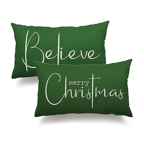 DFXSZ Christmas Throw Pillow Covers 12x20 Inch Set of 2 Merry Christmas Farmhouse Decorations Believe Holiday Decor Throw Cushion Case for Home Couch
