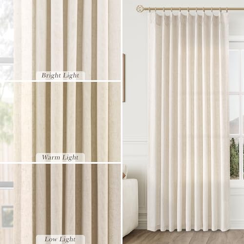 Aersas Linen Pinch Pleated Curtains 84 Inch Length 2 Panels Set for Living Room Cream Semi Sheer Window Curtain for Bedroom Boho Farmhouse Neutral Back Tab Drape Decor with Hooks, Natural Beige Ivory