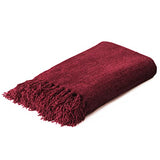 Burgundy Red Chenille Throw Blanket for Couch Bed，Soft Cozy Throw Blanket with Handmade Fringe, Decorative Blanket for Sofa Chair Living Room for Gift, (Burgundy Red)