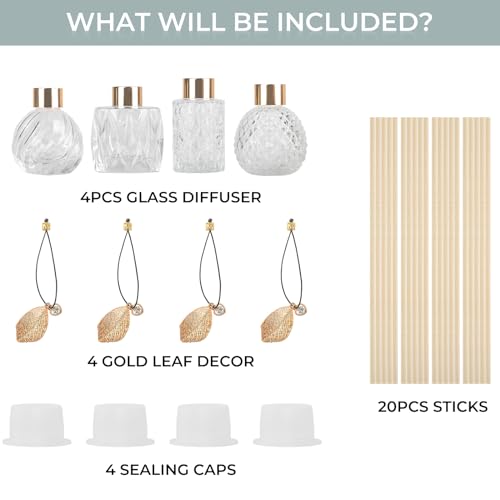 4-Piece Reed Diffuser Set with Metal Golden Decoration, 3.5-4.2oz Empty Bottles and 20 Reed Sticks, Unique Design for Home and Office (4 Different Bottles)