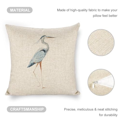 Linen Throw Pillow Covers Blue Egret on Coastal 18x18 Decorative Pillows for Bed Couch Cushion Sofa Outdoor