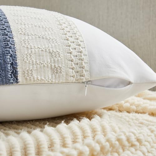 Soft Cotton Boho Throw Pillow Covers Set of 2, Natural White/Contrast Blue 18x18 Inch, Blue Farmhouse Decorative Cushion Covers for Sofa Bed Living Room Home Decor