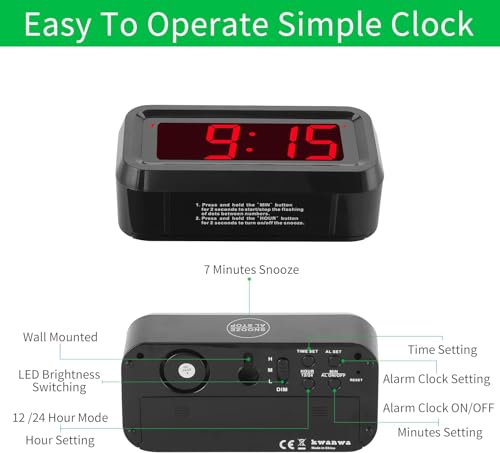 Alarm Clock, LED Digital Clock, Small Wall Clock, Battery Operated, Adjustable 3-Level Led Brightness, Dim Night Mode, 12/24Hr, Cordless, Constantly 1.2'' Digits Display for Bedroom/Travel,Easy to Set