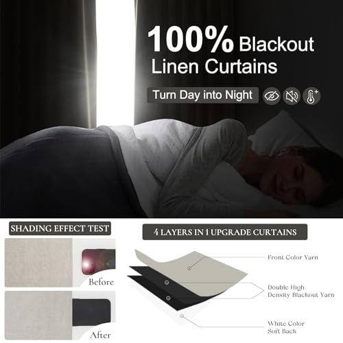 100% Blackout Curtains 84 Inch Length 2 Panels Set Farmhouse Style for Bedroom Windows/Living Room Thermal Insulated Neutral Boho Drapes Linen Blend Natural Ivory 7ft Long Hook Belt Pleated/Back Tab