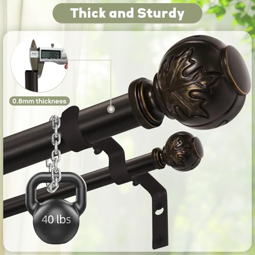 Heavy Duty Adjustable Double Curtain Rod for Windows 28 to 48 Inches – 1 Inch Diameter Decorative Rods with Maple leaf Finials & Sturdy Brackets for Living Room, Bedroom – Easy to Install, Bronze
