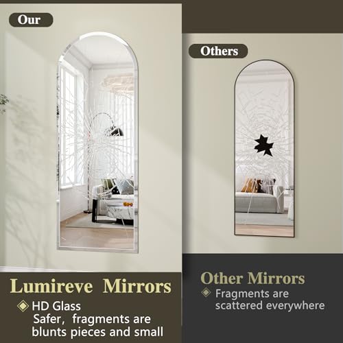 Frameless Arched Door Mirror Full Length, 48 x 14 Inch Frameless Beveled Full Body Arched Wall Mirror with 2 Hooks, Over the Door Hanging Mirror for Bedroom, Living Room, Cloakroom
