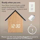 Driini Digital House-Shaped Alarm Clock with Temperature Display (Light Wood) – Modern Aesthetic - Cute Cube Frame and White LED Dimmer - Perfect Large Desk Clock for Bedside Table or Bedroom Mantle
