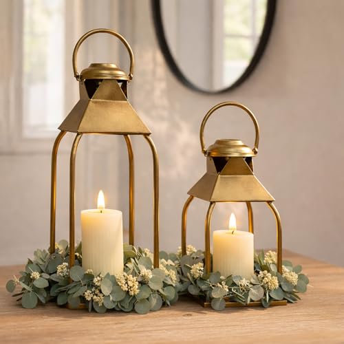 Decorative Metal Lanterns Indoor Outdoor, Candle Holder for Porch, Patio, Fireplace, Floor, Wedding, Christmas, Fall, Holiday, Farmhouse Table Centerpiece (Antique Gold, Set of 2 15.7" 12")