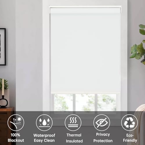 Changshade Blackout Roller Shades Cordless for Windows, 100% Room Darkening Window Blinds for Bedroom, Thermal Insulated UV Protection, Easy Install Pull Down Shades for Home,48Wx72H,White