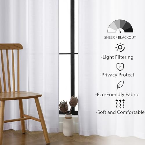 Lecloud Bessie White Curtains 63 Inch Length 2 Panels, Light Filtering Curtains for Bedroom, Faux Linen Textured Window Drapes with Rod Pocket, Window Treatments for Living Room, Each 40 W x 63 L