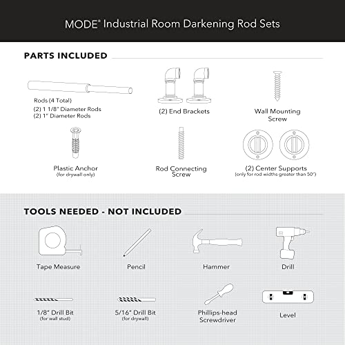 MODE Industrial Room Darkening Collection 1 1/8" Diameter Industrial Curtain Rod Set with Steel Wall Mounted Adjustable Curtain Rod, Blocks Light, Fits 72” to 144” Windows, Warm Gold
