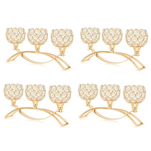 Crystal Tealight Candle Holder Centerpiece Home Decorative Candlestick Holder Elegant Table Centerpiece Home Decor Wedding Party Anniversary (Gold, 3 Arm of 4 Pcs)