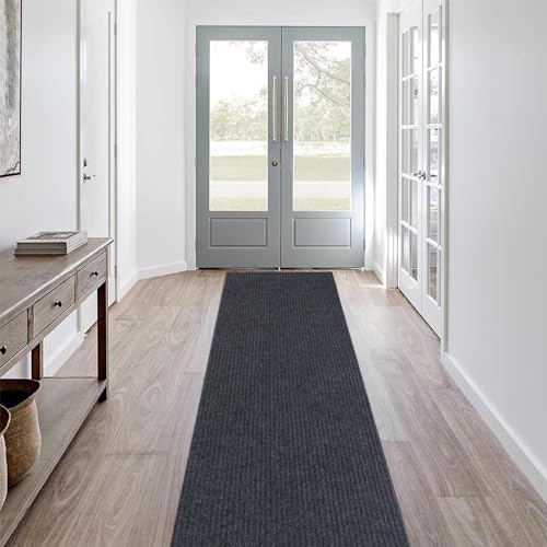 LITA Hallway Runner Rug Double Gray Stripe with PVC Backing, Non-Slip Waterproof, Washable Outdoor Indoor Carpet for Floor, Entryway, Kitchen, Laundry, Balcony, Garage, 2' x 6'