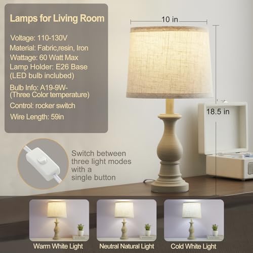 Vintage Table Lamp for Living Room Bedroom, 18.5" Farmhouse Bedside Lamps Nightstand Lamp Set of 2, Table Lamps with Oatmeal Linen Lamp Shades, 2 LED Bulbs Included
