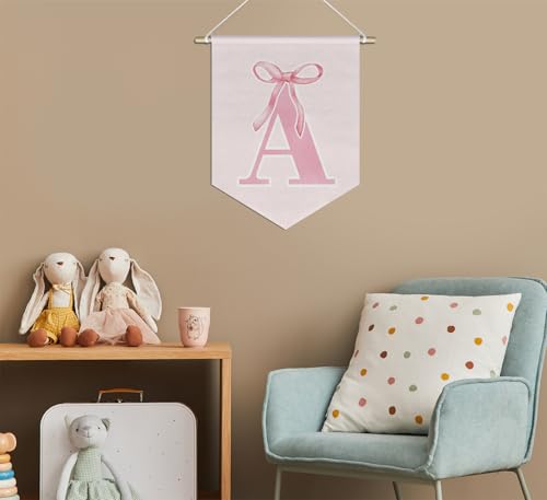 initial Personalized Preppy Canvas Hanging Pennant Flag Banner, Coquette Pink Bow Teen Girl Gifts,Trendy Cute Monogrammed Gifts Wall Decor for Women Teen Girl Nursery bedroom(A)