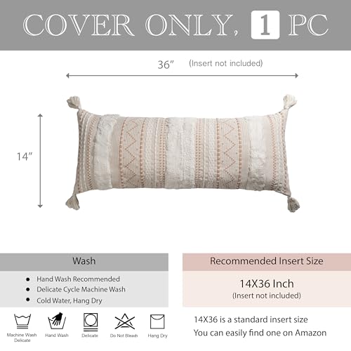 BlissBlush 14x36 Lumbar Pillow Cover for Bed, Rectangular Long Decorative Throw Pillowcase, Boho Accent Cushion with Tufted Pattern and Tassels, Cream Beige Neutral (Cover Only)