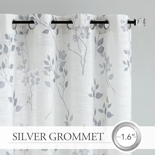 Beauoop Floral Linen Semi Sheer Curtains 84 Inches Long 2 Panels for Living Room Bedroom Grey Farmhouse Flower Patterned Light Filtering Textured Grommet Top Window Treatments Drapes, 50x84 2 Set