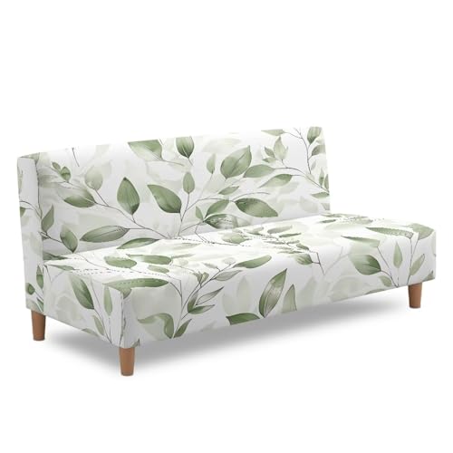 Green Leaves Futon Cover Stretch Armless Futon Couch Cushion Cover Washable Non-Slip Sofa Bed Slipcover with Elastic Bottom for Home Indoor Living Room Furniture Protector