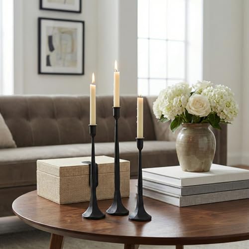 Iron Taper Candle Holder Set of 3, Black Candlestick Holders Decorative Candle Stand, Tapered Candle Holders Tall Set for Wedding, Dining Table, Home Decoration (Black)