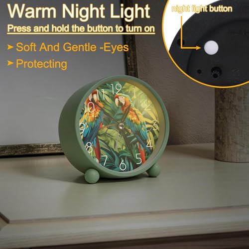Small Analog Alarm Clock, 4.3 inch Silent Desk Clock with Night Light, Battery Operated, for Kids Bedroom Living Room Bedside, Tropical Birds Parrots Exotic Jungle Plants