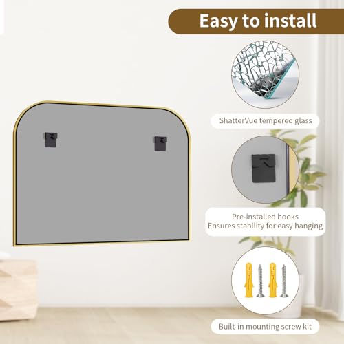 Gold Arched Top Wall Mounted Mirror - 38 x 30 Inch Round Cruved Top Bathroom Vanity Mirror, Aluminum Metal Framed, Home Decor for Living Room, Bedroom, Fireplace, Mantle, Entryway