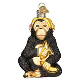 Old World Christmas Chimpanzee with Banana Glass Blown Ornament for Christmas Tree, Handcrafted Holiday Decoration, Wildlife Animal Collection