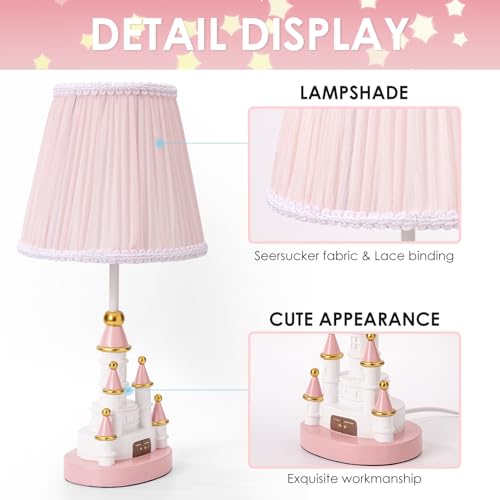 Kids Table Lamp, Adorable 14 Inch Castle Style Kids Desk Lamp, Pink Bedside Lamp Ideal for Girls Bedroom Decor, Includes LED Bulb