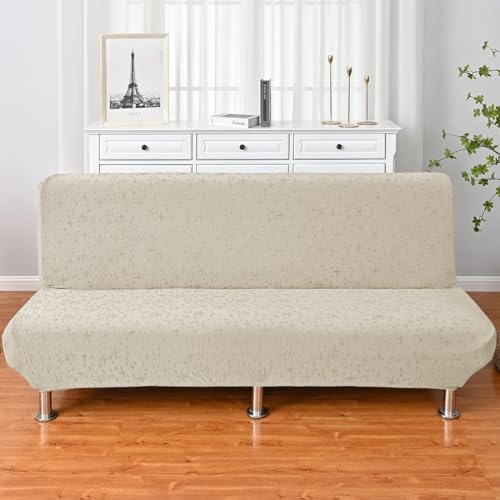 Futon Cover Slipcover Super Stretch Full Size Soft Armless Sofa Bed Slipcover Jacquard Futon Sofa Cover Furniture Bed Protector with Non-Slip Elastic Bottom Beige
