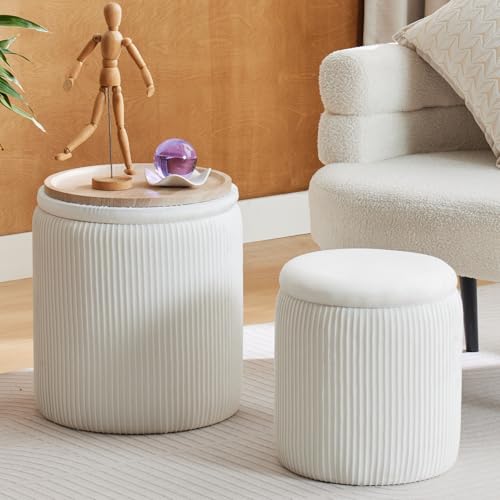 Round Ottoman with Storage Set of 2-White Velvet Vanity Stool