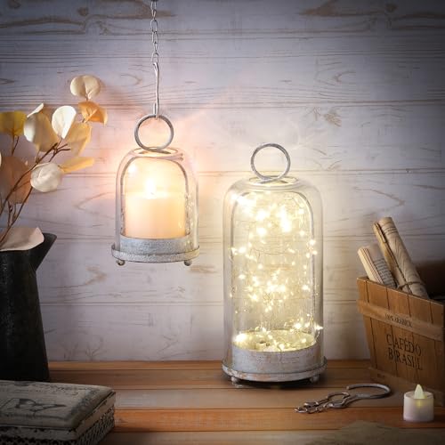 5" & 4" Wide Versatile Metal Candle Holder in Shabby White with Handmade Thick, Heavy & Sturdy Glass Dome for Pillar Candle, Industrial, Modern, Shelf, Mantel, Veranda, Porch