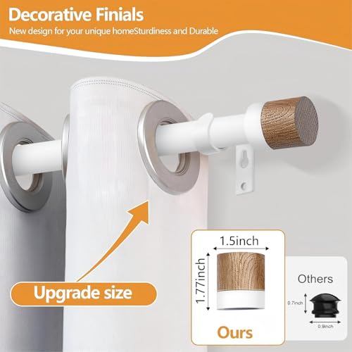 White Curtain Rods for Windows 48 to 84 Inches(4-7ft),1 inch Adjustable Window Curtain Rods with Imitation Wood Grain Finials,Heavy Duty Decorative Drapery Rod for Bedroom,Kitchen and Patio