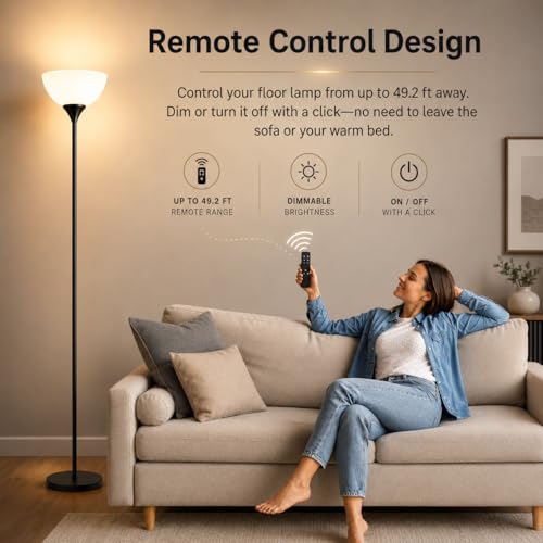 PESRAE Floor Lamp, Remote Control with Stpeless Color Temperatures and Brightness, Torchiere lamp for Bedroom, Living Room, Bulb Included (Matte Black)