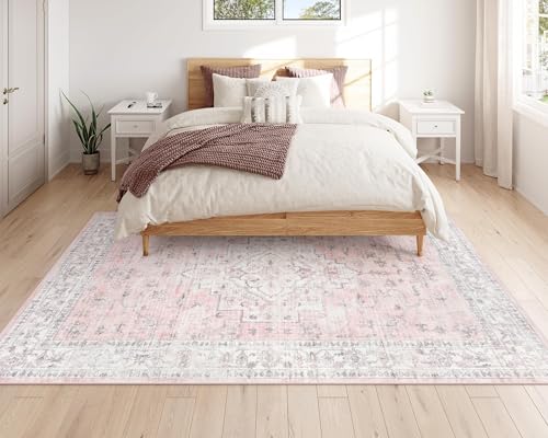 LIVEBOX Pink 5x7 Area Rug for Bedroom Girls, Boho Washable Rugs for Living Room Nursery, Non-Slip Indoor Soft Carpet Low-Pile Farmhouse Carpets for Dining Room Kids Playroom, Pink