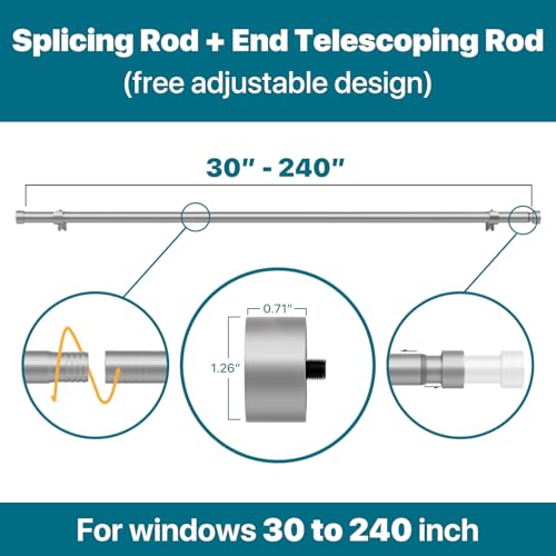 Silver Extra Long Curtain Rod 30 to 240 inch, Heavy Duty Window Treatment Single Rods with Modern End Caps, 1 inch Metal Rods Set for Outdoor Patio, Adjustable Wall Mounted Curtain Rod