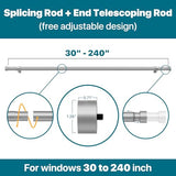 Silver Extra Long Curtain Rod 30 to 240 inch, Heavy Duty Window Treatment Single Rods with Modern End Caps, 1 inch Metal Rods Set for Outdoor Patio, Adjustable Wall Mounted Curtain Rod