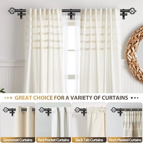 KAMANINA Double Curtain Rod 72 to 144 Inches(6-12 Feet), Black Heavy Duty Curtain Rods for Windows 66 to 120 Inches, 7/8 Inch Drapery Rod with Twisted Cage Finials