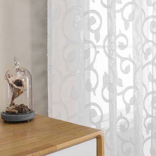 OWENIE Furman Sheer White Curtains 84 inches Long for Bedroom Living Room 2 Panels Set, White Curtains Jacquard Clip Light Filtering Semi Sheer Curtain Rod Pocket Window Drapes, 2 Pcs Each 40 W 84 L