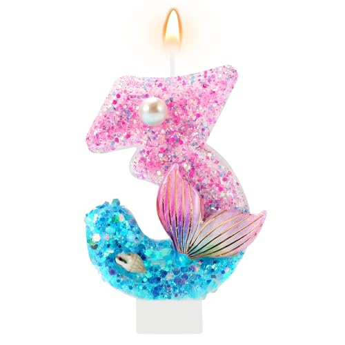 AKURIEEY Mermaid 3rd Birthday Candle Pink Blue Numbers 3 Candle for Girls Cake Topper Cupcake Decorations Ocean Theme Party Decor Anniversary Celebrations Supplies