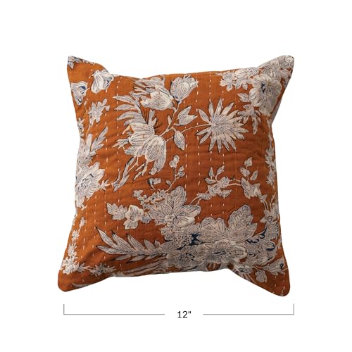 Creative Co-Op Square Cotton Voile Printed Pillow with Florals, Hand-Embroidered Kantha Stitch and Chambray Back, Gold with Blue and White