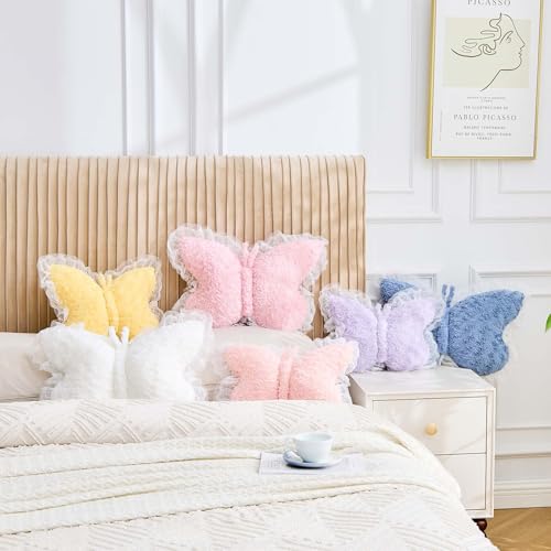 XVTRU Butterfly Pillow White Decorative Pillows 15" Butterfly Shaped Cute Throw Pillows with Lace Aesthetic Bow Plush Cushion for Room Decor Bed Sofa Couch