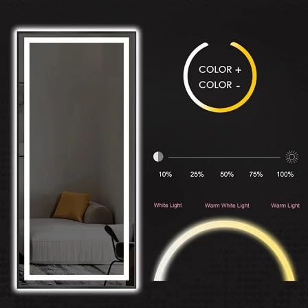 Full-Length LED Mirror with Lights, Wide Standing Dressing Mirror, Large Full-Body Floor Mirror with Dimmable Lighting for Bedroom, Tall Lighted Mirror with Stand or Wall Mount