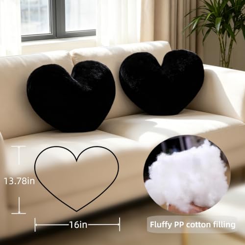 2 Pcs Black Heart Pillow Decorative Throw Pillows, 16-inch Cute Soft Fluffy Heart Shaped Pillows for Bed Couch Sofa Bedroom Living Room Decor Aesthetic (Black, 16"x13.78")