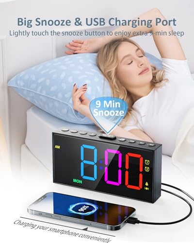 Roxicosly RGB Display Vibrating Alarm Clock with Bed Shaker for Heavy Sleepers Adults, 7-Level Dimmer, Dual Alarms with Weekday & Weekend Mode, Large Digits, Snooze, USB Charger, Battery Backup