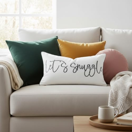 Sunkifover Let's Snuggle Decorative Lumbar Pillow Cover - 12x20 Inch White and Grey Cotton Embroidery Throw Pillowcase for Bed, Bedroom, Living Room, Home Decor